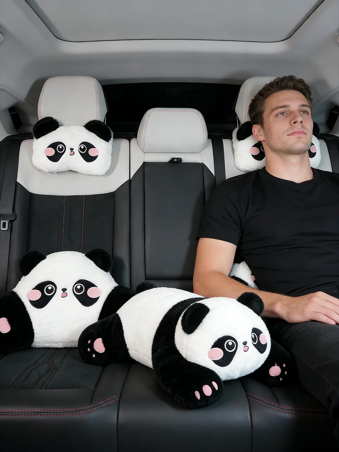Cute Panda Car Pillow – Plush Neck Support & Lumbar Cushion, Soft Rabbit Fur Material for Headrest & Back Seat Comfort(Set of 2)
