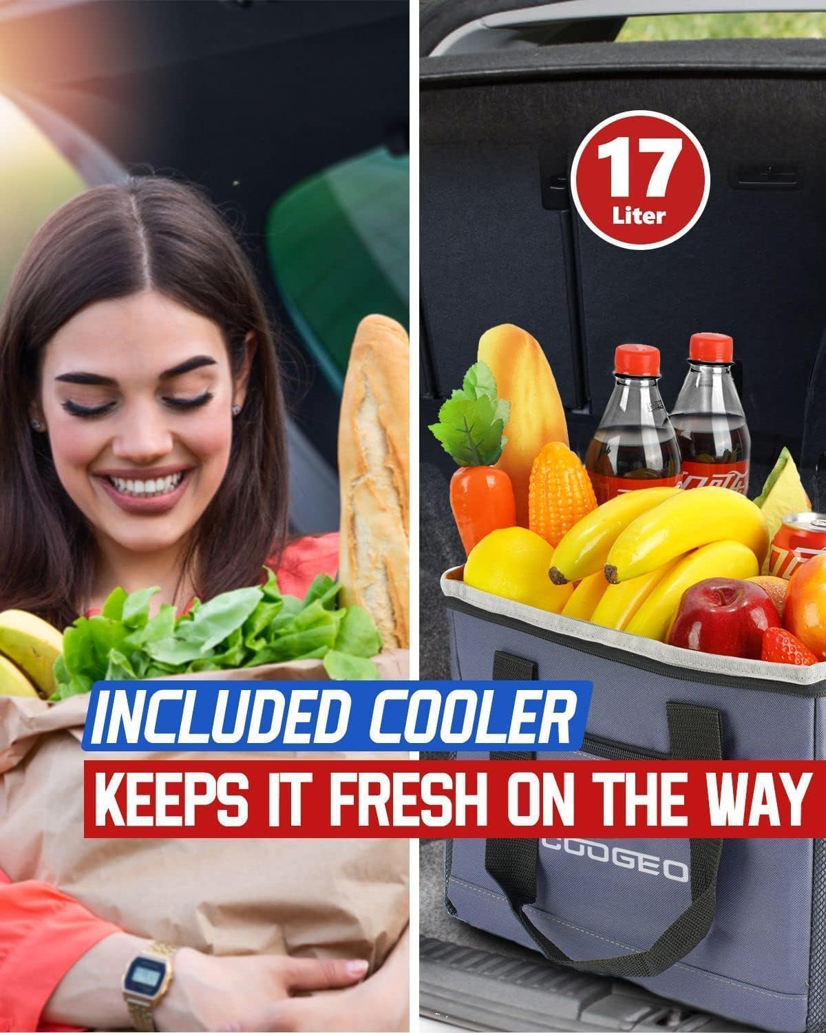 Car Trunk Organizer with Portable Leak Proof Cooler Bag, 3 Compartments Collapsible Car Organizers and Storage with Foldable Cover, Fathers Day Dad Gifts, Suitable for SUV, Auto, Truck, Minivan