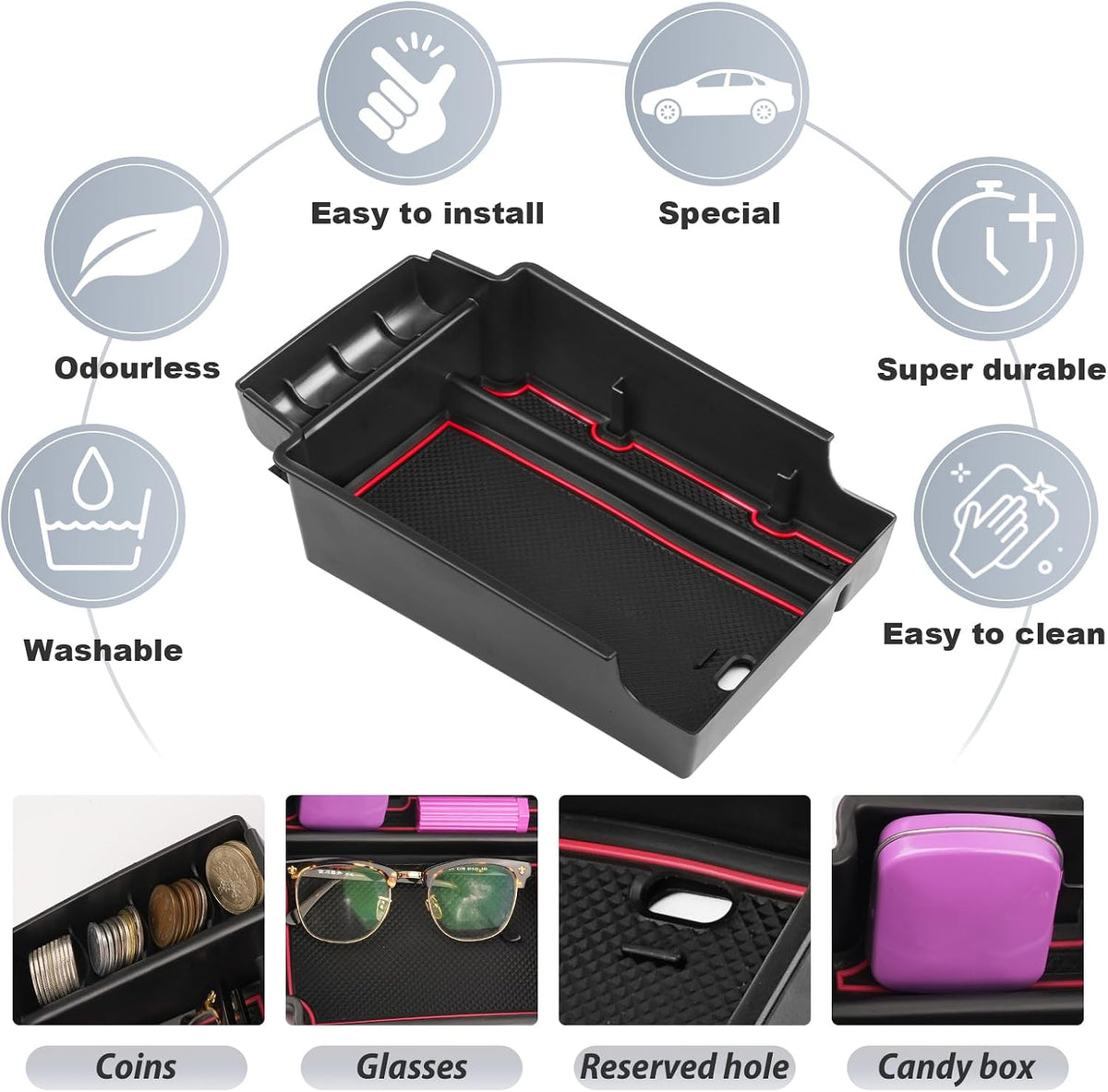 SKTU for 2019-2024 2025 Chevrolet Blazer Center Console Organizer 2024 2025 Chevy Blazer Accessories ABS Black Materials Tray Armrest Secondary Storage Box with Coin and Glass Holder (Red)