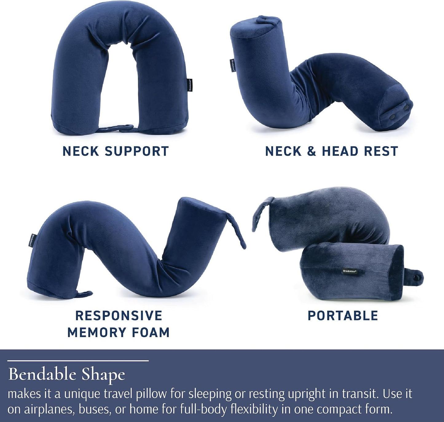Brookstone Free Form Travel Pillow - Lightweight Flexible Memory Foam Travel Neck Pillow for Sleeping, Car, Airplane & Travel Support, Blue