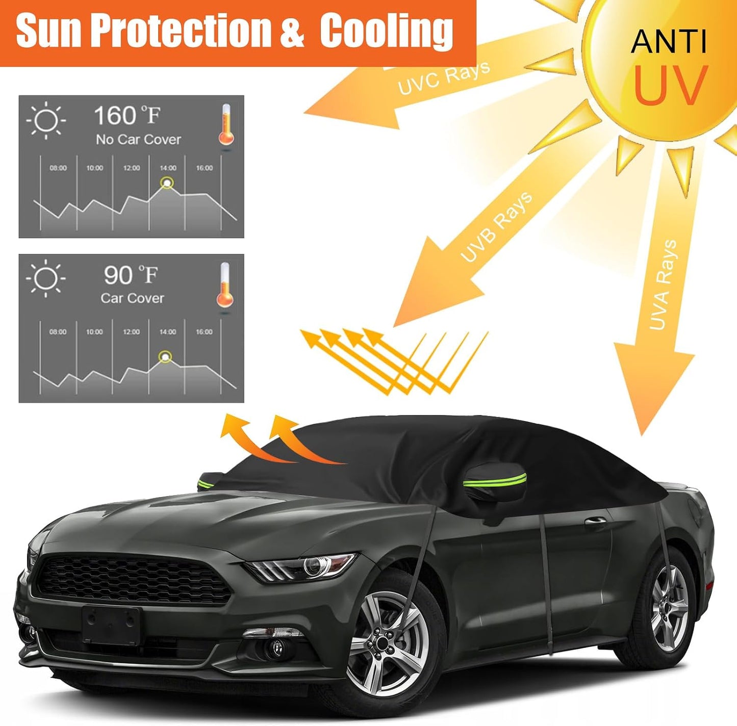 300D Black Oxford Half Car Cover Compatible with 2005-2024 Ford Mustang S-197/S550/S650, Protector Car Body Covers for Windproof Dustproof UV Resistant Protect Your Windshield and Roof