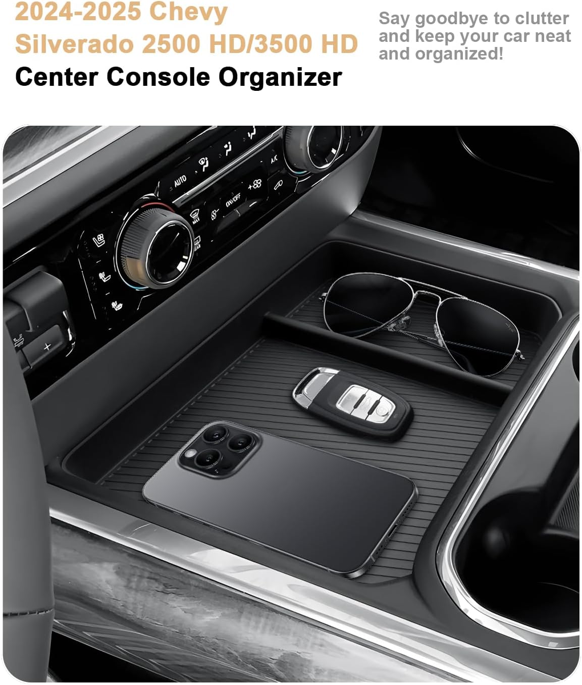 2026 Silverado HD Center Console Organizer - For 2024-2026 Chevy Silverado 2500 HD/3500 HD Accessories TPE Center Console Organizer - Under Screen Organizer Only Fit Full Console w/Bucket Seats