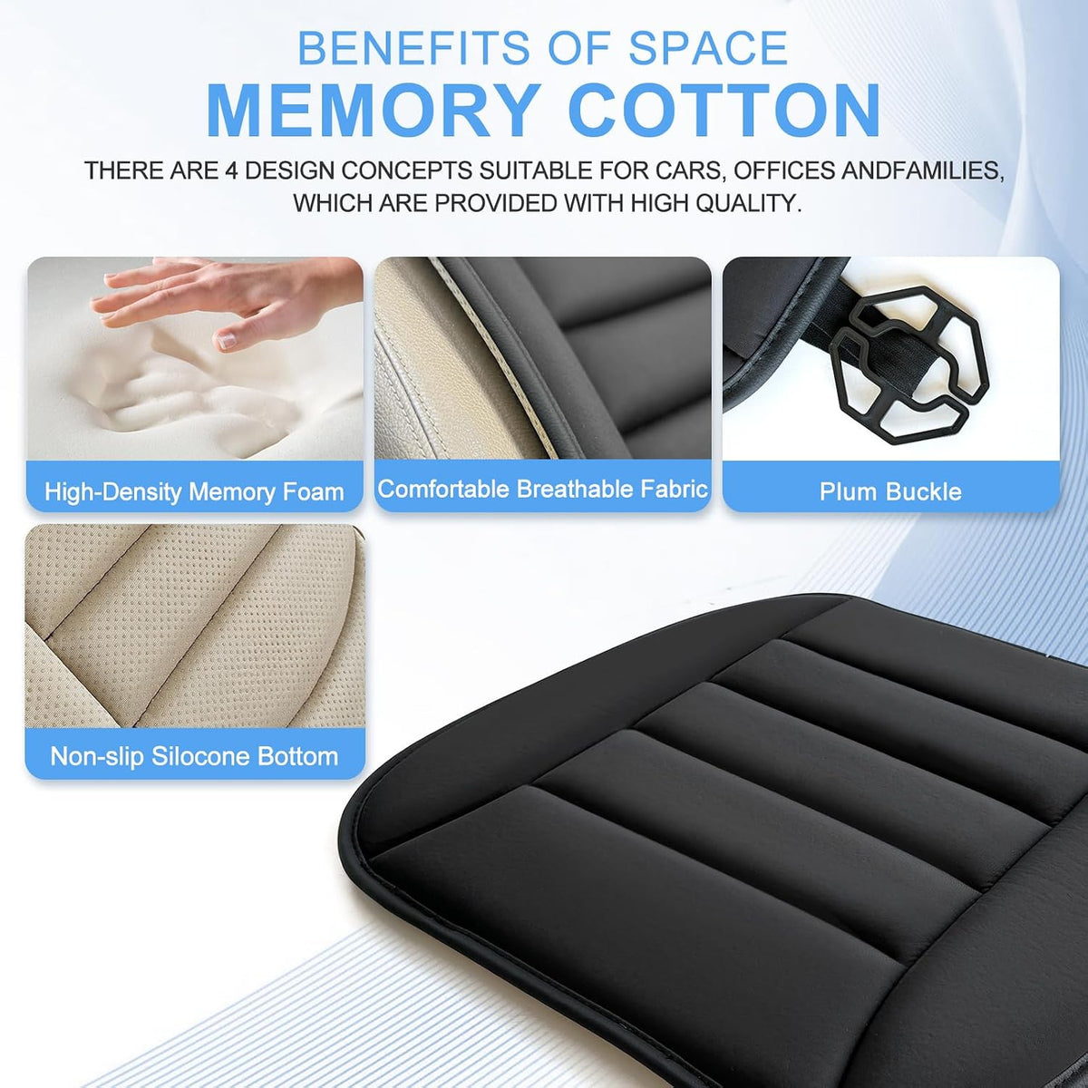 Car Seat Cushion, Driver & Office Comfort, 1.2'' Memory Foam, Black
