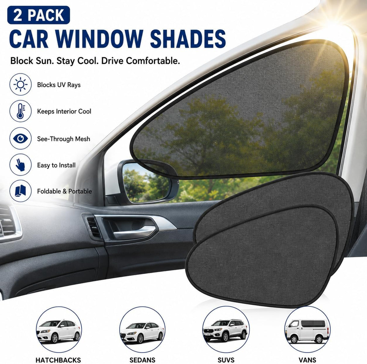 2 Pack Car Window Shades, Static Cling Side Window Sun Shade for Cars | UV Protection Mesh Curtain Blocks Sun Glare & Heat | Foldable Auto Sunshade for SUVs, Sedans, Trucks & Vans