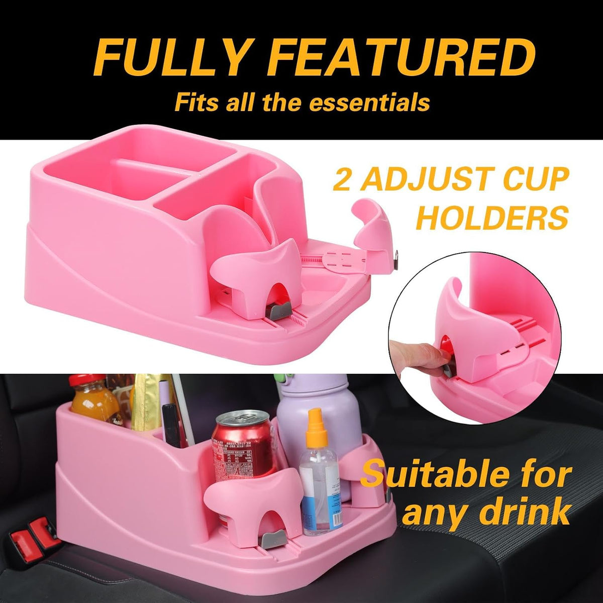 Large Size Plastic Console for Cars, Trucks, Minivans, SUVs with 2 Adjustable Drink Cup Holders Pad Book Holder, Back Bench and Front Seat or Floor Middle Console Universal Vehicle Organizer Pink
