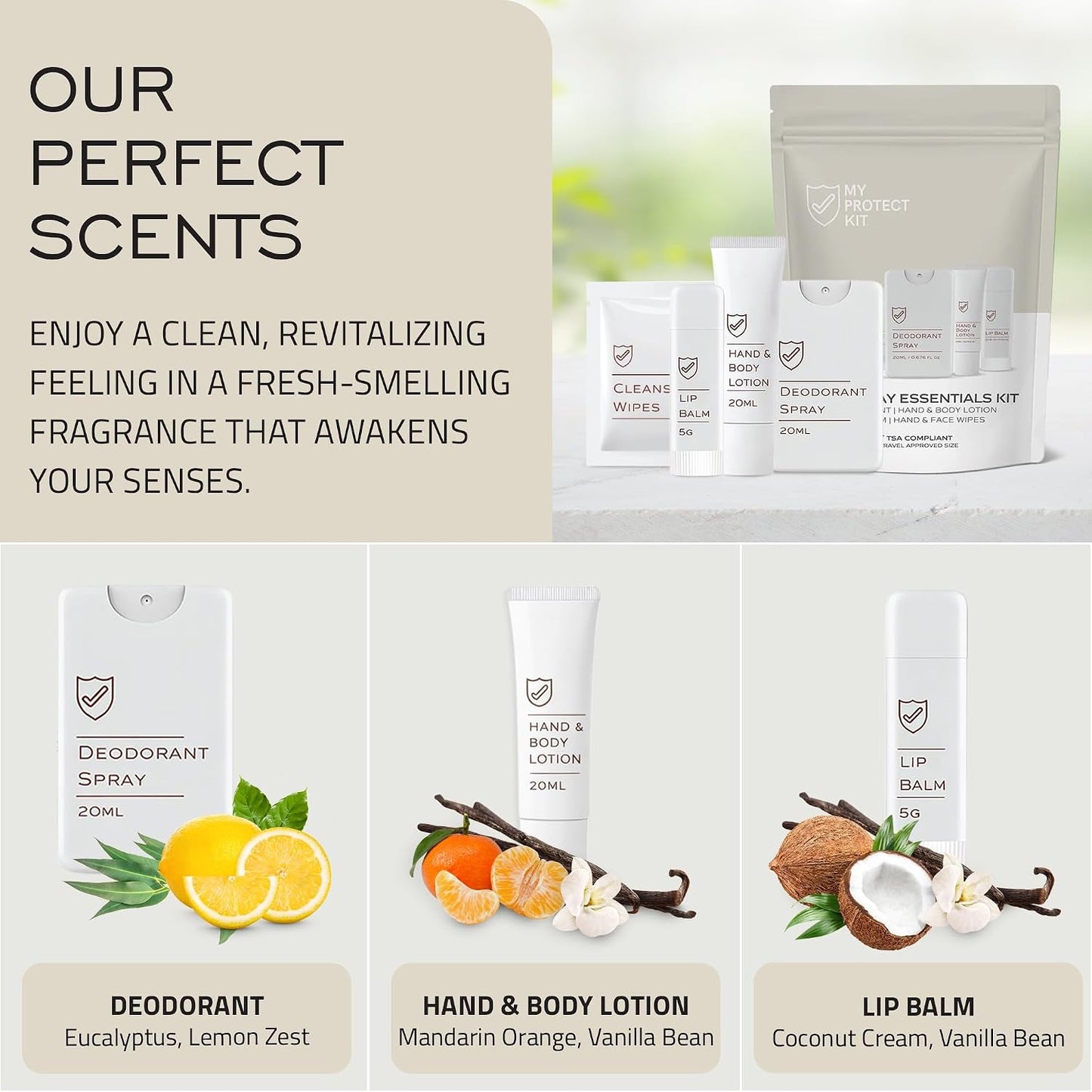 MY PROTECT KIT Everyday Essentials Travel Kit – 8 Pieces Hygiene & Toiletry Set with Deodorant Spray, Lotion, Lip Balm & Cleansing Wipes, Self Care Kit for Purse, Gym, Hotels & Airbnb, Pack of 1