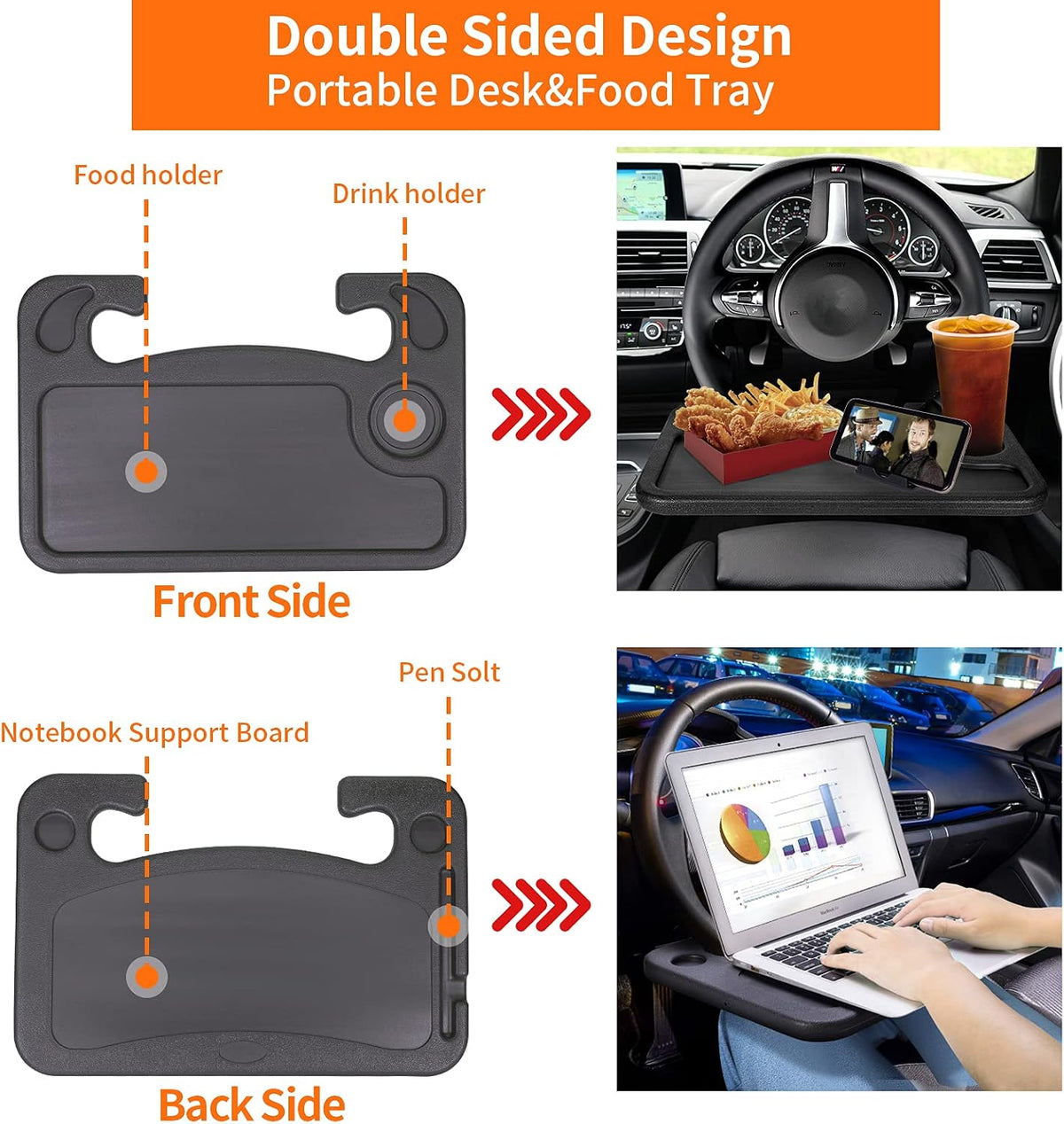 Car Steering Wheel Tray Table Food Eating Hook On Steering Wheel Desk Laptop Holder with Cell Phone Stand Car Table Laptop Tray for Eating Tablet iPad and Notebook Black