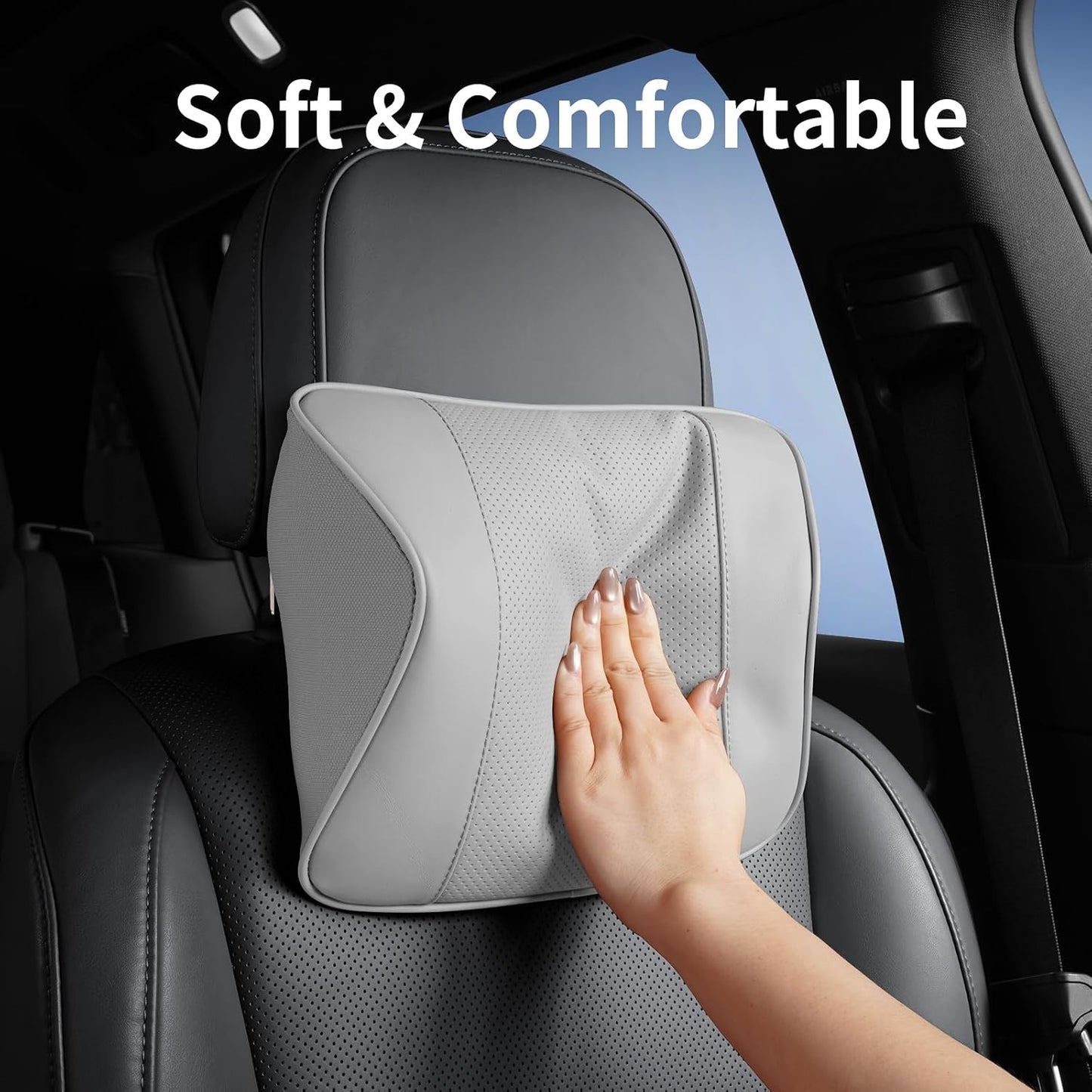 Quintor Genuine Leather Car Neck Pillow,Memory Foam Headrest Cushion, Ergonomic Cervical Support for Tesla Model 3/Y/X, Lexus, BMW- Breathable & All-Season Soft (2 PC)