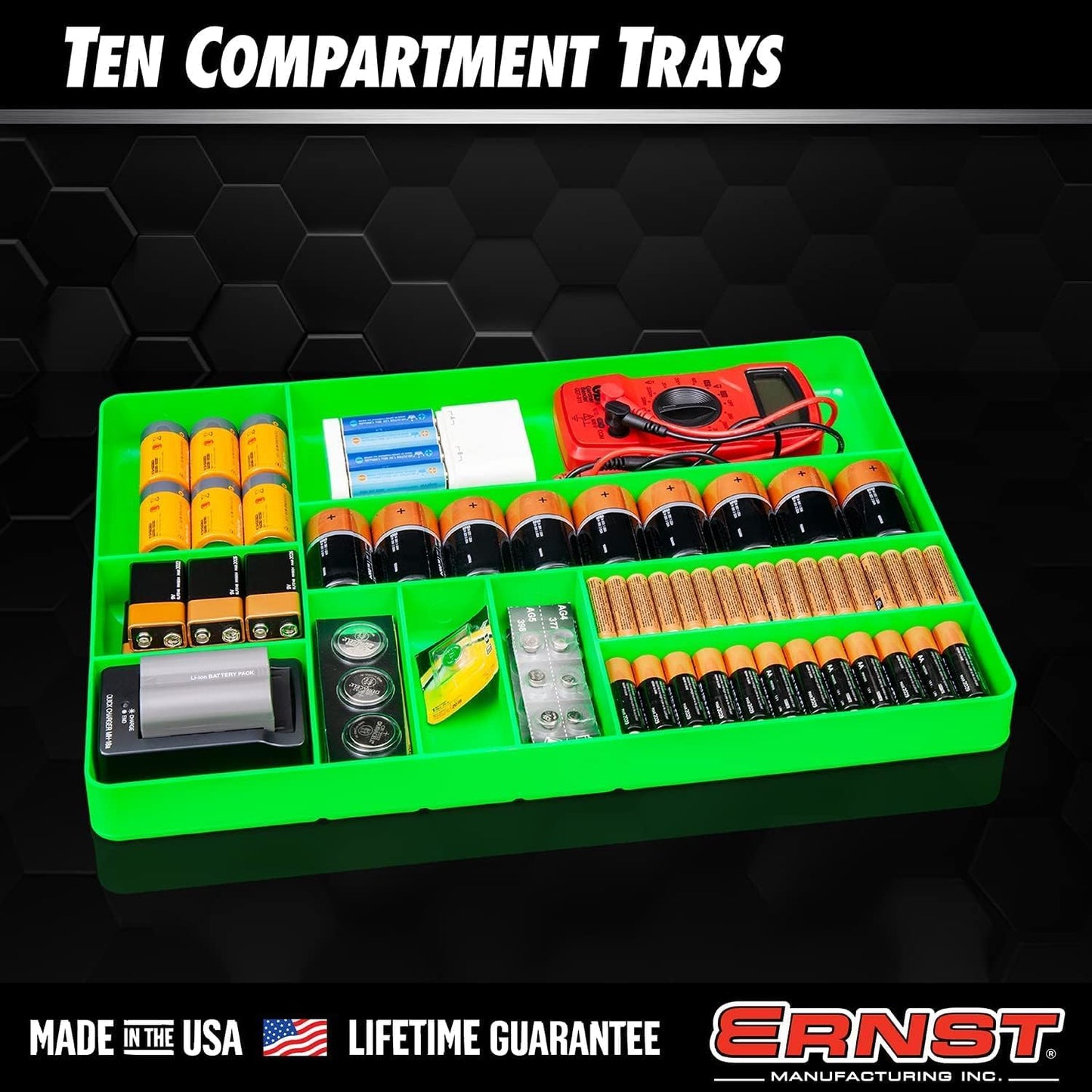 Ernst Manufacturing 10 Compartment Drawer Organizer: Heavy Duty Stackable Tray for Automotive Garage Tool Organization - Low-Profile Toolbox Storage - Nuts and Bolts, Tools, Parts, Easy to Clean - Red