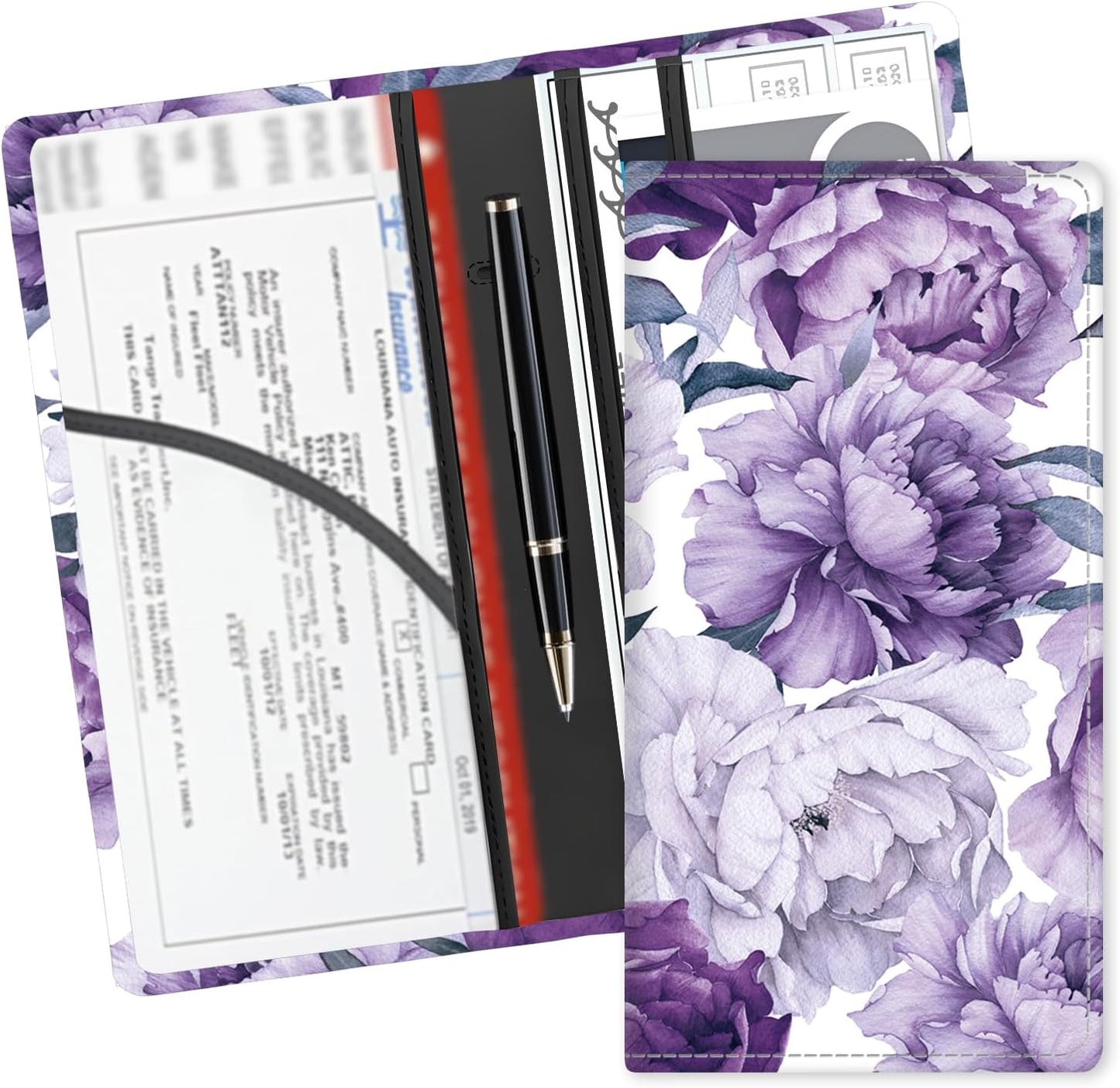 Leather Car Registration and Insurance Card Holder, Cute Car Accessories Vehicle Glove Box Car Organizer for Documents, Cards, License Cute Purple Flowers