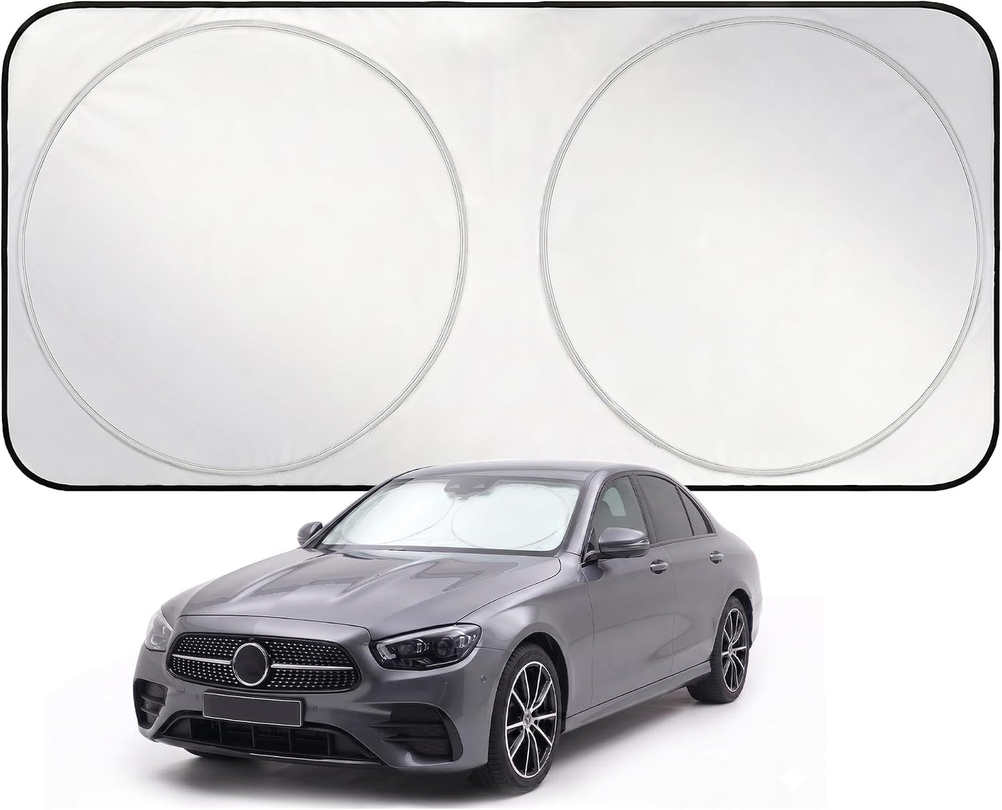 EzyShade Windshield Sun Shade with Shield-X Reflective Technology. See Size-Chart with Your Vehicle. Foldable 2-Piece Car Sunshades Reflect UV Sun and Heat and Protect Your Car. Standard (Medium) Size