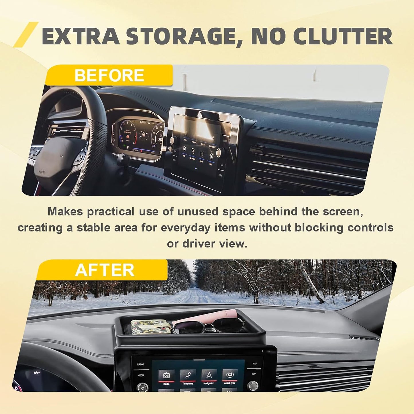 Dashboard Organizer Storage Tray for 2025 2026 Volkswagen Jetta Accessories | Behind 8-inch Screen Organizer, Unused Space Utilized, Quick Access Essentials, ABS Material with Rubber Insert