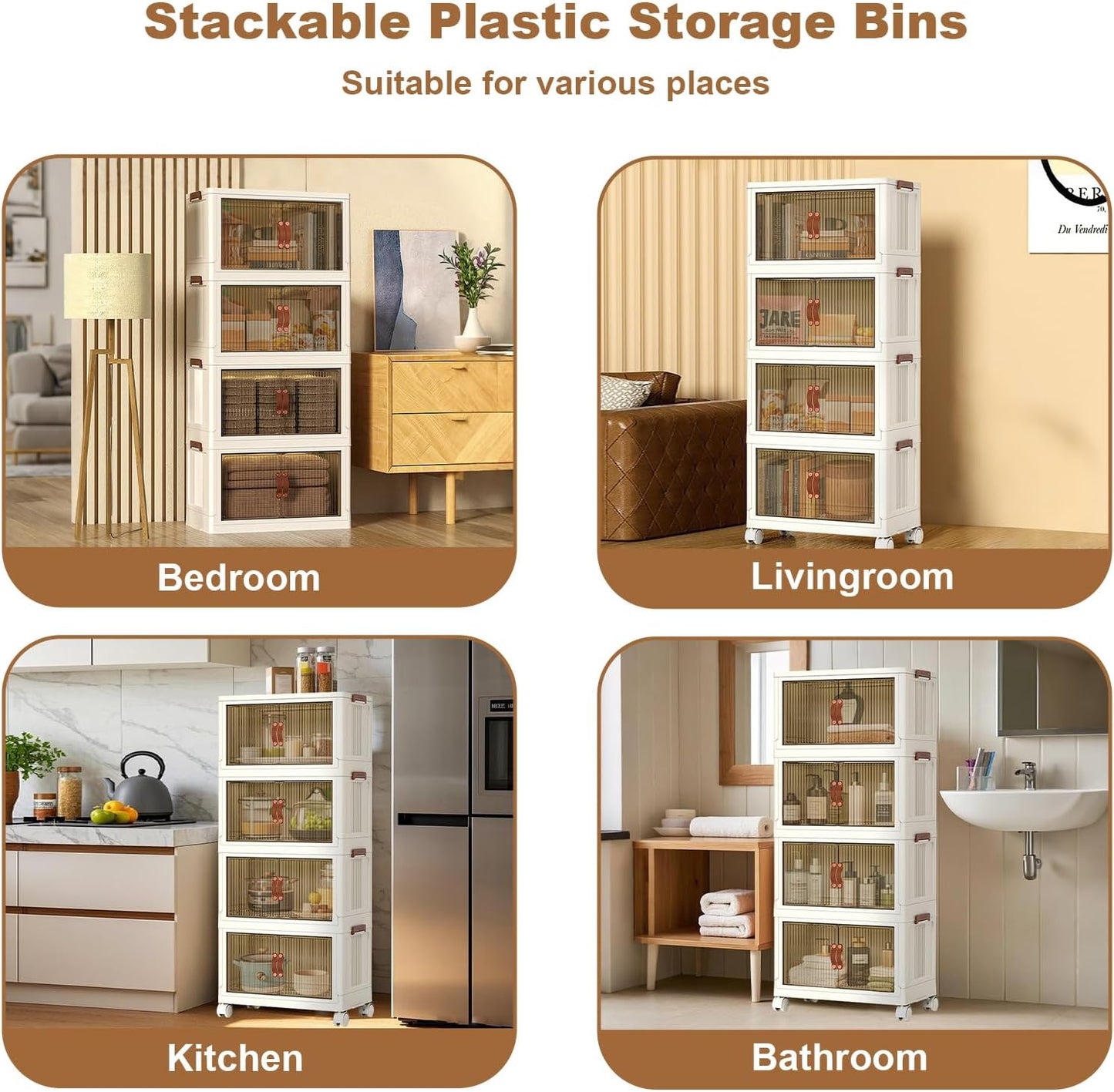 4 Tiers Foldable Storage Bins, 72QT Per Stackable Plastic Storage Bins With Magnetic Double Door and Smooth Wheels Stackable Storage Containers for Snacks, Books