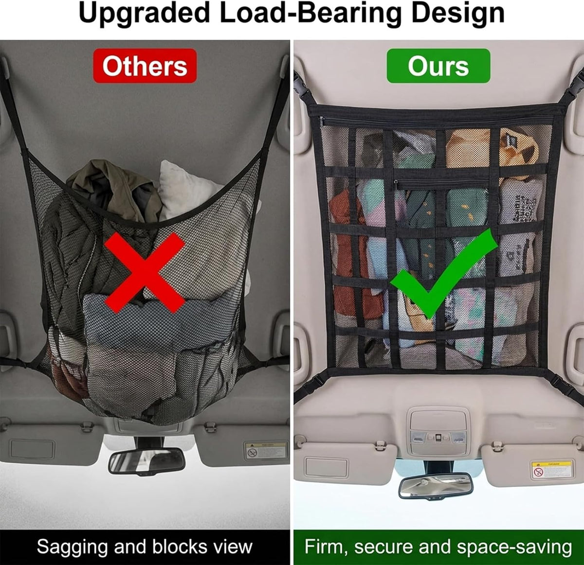 Car Ceiling Cargo Net, 30" x 21.2" Adjustable Double-Layer Mesh Roof Organizer, Versatile Storage Solution for Cars, SUVs and Trucks, Van Life Accessories for Travel and Camping