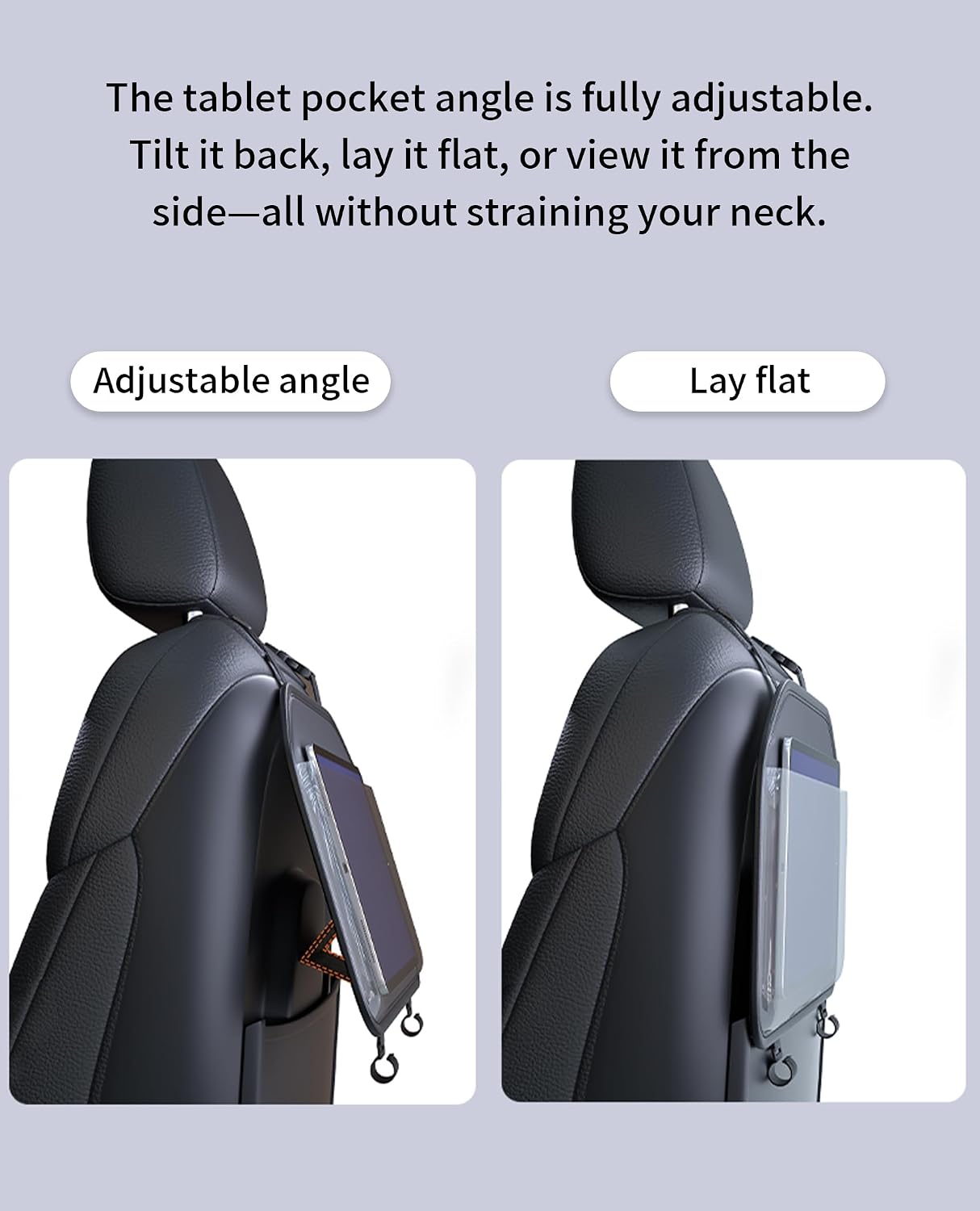 Car Tablet Holder, Backseat Headrest Mount for iPad, Adjustable Seat Organizer with Touch Screen Pocket & Storage Hooks, Fits 7-11 Inch Tablets, Kids Travel Accessory