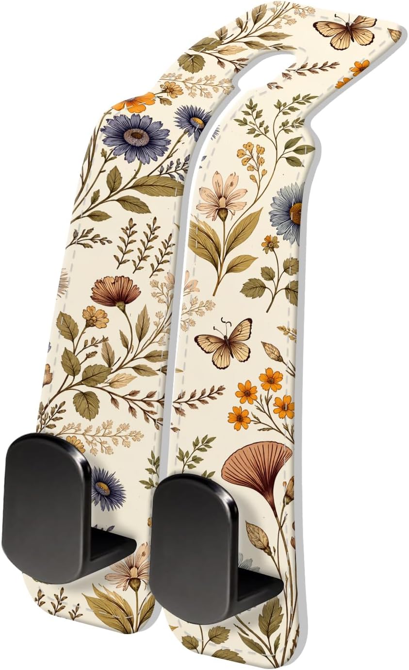 PU Leather Car Seat Hook, Storage Headrest Hanger, Cute Car Backseat Organizer, Car Hooks For Purses and Bags, Vintage Botanical