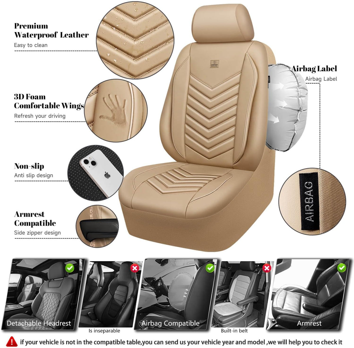 CAR PASS 3D Foam Faux Leather Seat Covers Full Set,Waterproof Tan Leather Seat Cover for Cars,Luxury Universal Fit Anti-Slip for SUV Truck Sedan Automotive,Armrest Airbag Compatible,All Beige