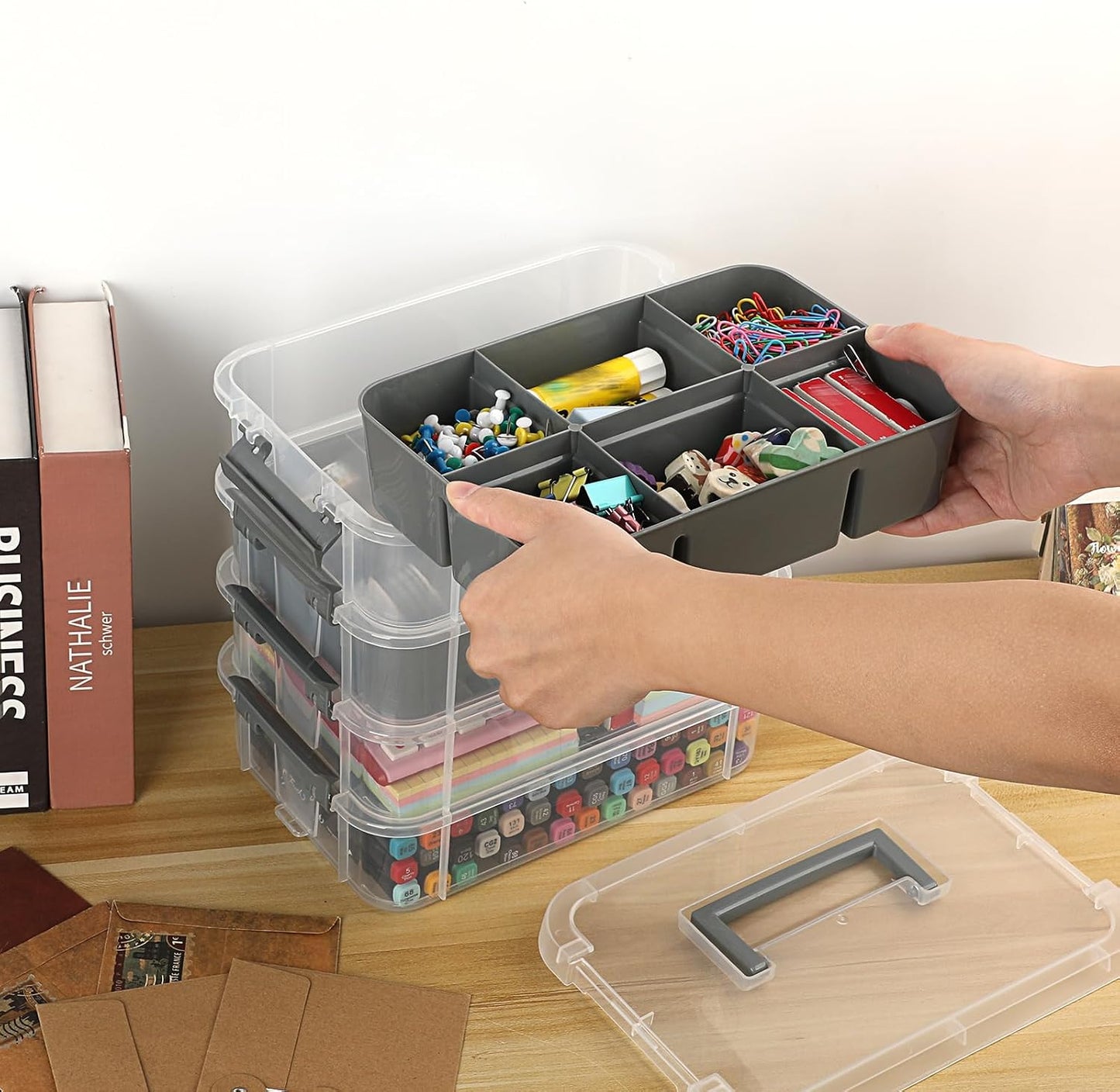 JUXYES 4-Tiers Plastic Stack Carry Storage Containers Box wih Handle Lids | Clear Stackable Latching Storage Bin With 2 Tray for School Office, Organizing Sewing, Art Craft, DIY Supplies, Gray