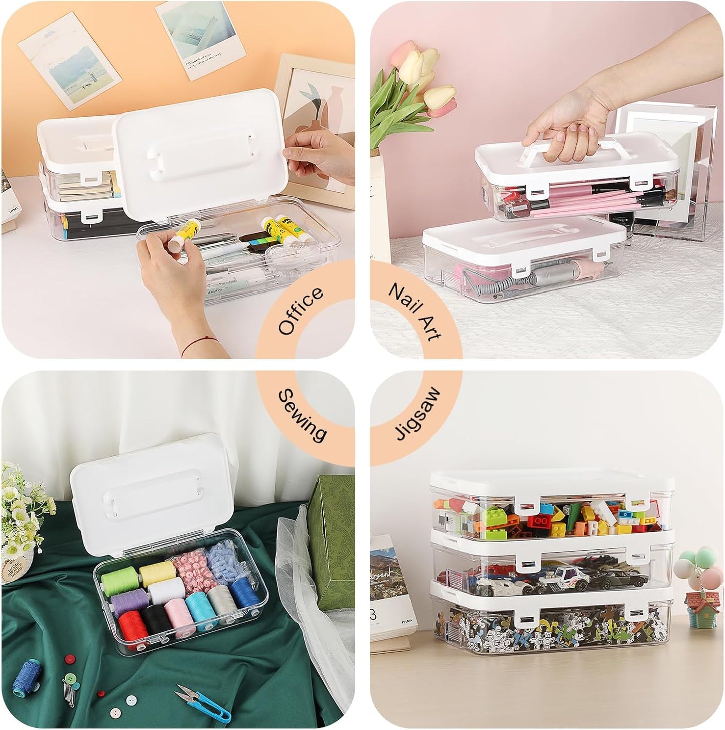 BTSKY Clear Plastic Storage Container with Lid & Handle, Multipurpose Craft Organizers and Storage Box, Easy Carry & Stack Flat Storage Box for Pencils Markers Crayons Sticky Notes, 1 Pack