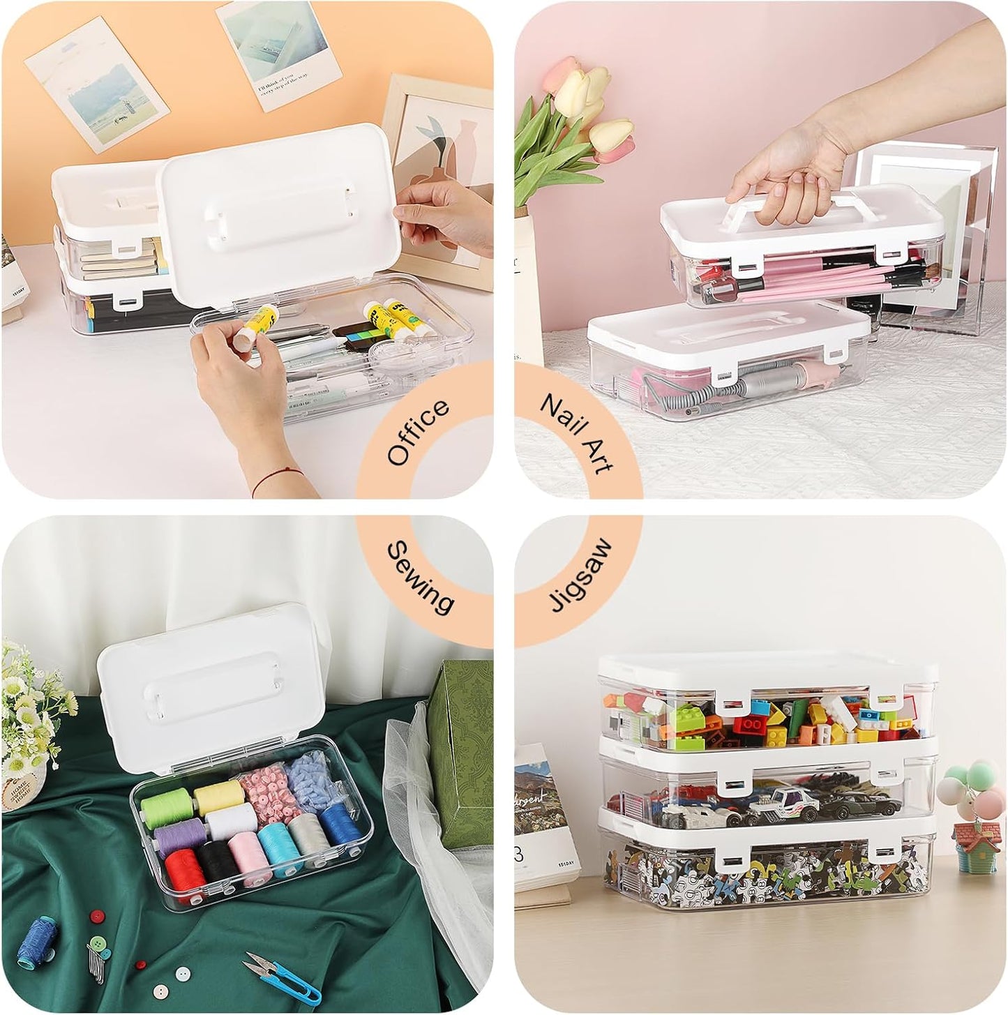 BTSKY 2 Pack Clear Plastic Storage Box with Handle & Flap Lid, Portable Craft Organizers and Storage Box Art Supply Storage Organizer Multipurpose Plastic Sewing Box for Beads Pencils Sticky Notes