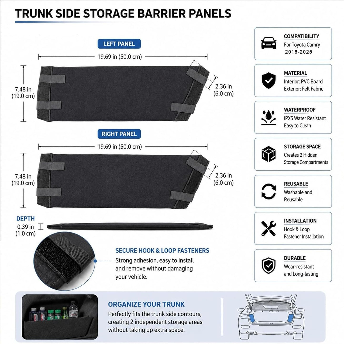 For Toyota Camry 2018-2025 Car Rear Trunk Organizer Side Divider, 2Pcs | Left and Right Trunk Side Storage Baffle Cargo Storage Divider Felt Waterproof Increase Storage Space, Easy to Install, Black