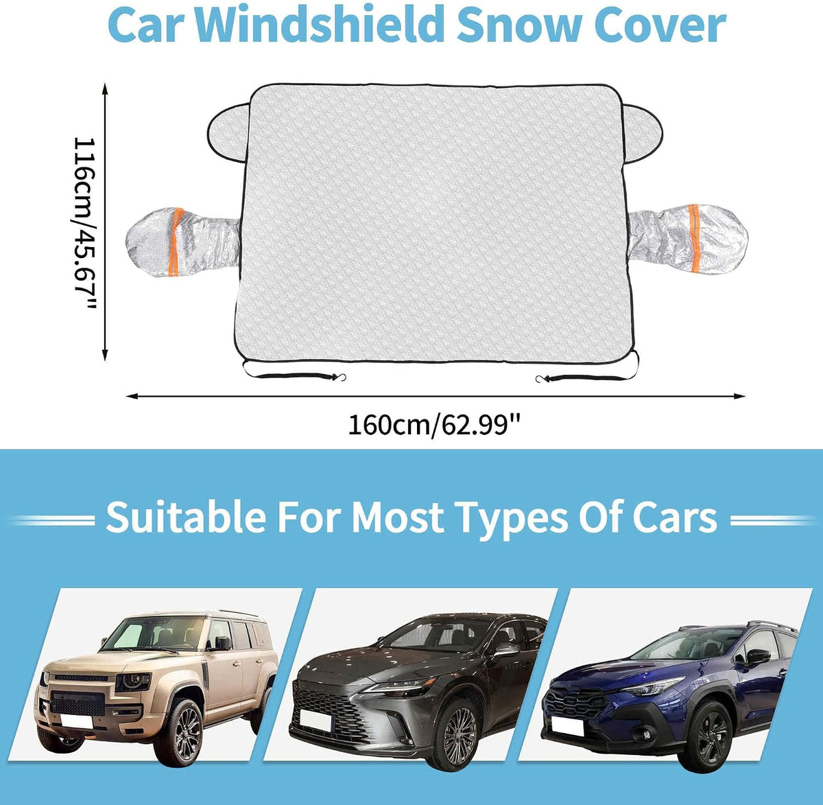 Car Windshield Snow Ice Cover with Side Mirror and Hook Magnetic Windshield Cover for Ice and SnowCar Windshield Sun Shade Foldable Fit for Large SUV/Pickup/Truck/MPV (63" x 46")