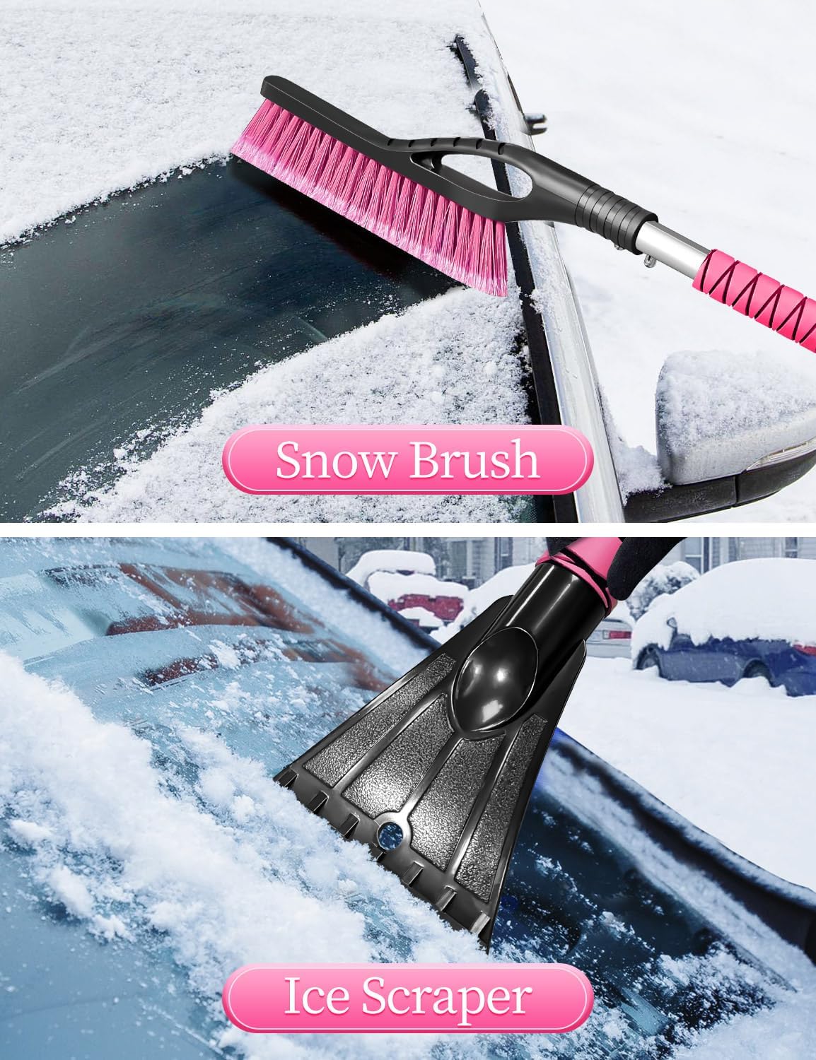 HEEYA 2 Pack 27 Inch Ice Scraper and Brush for Car, Snow Brush and Ice Scraper with Foam Grip, Detachable Snow Scraper for SUV Truck Vehicle Auto Windshield Window - Purple & Pink
