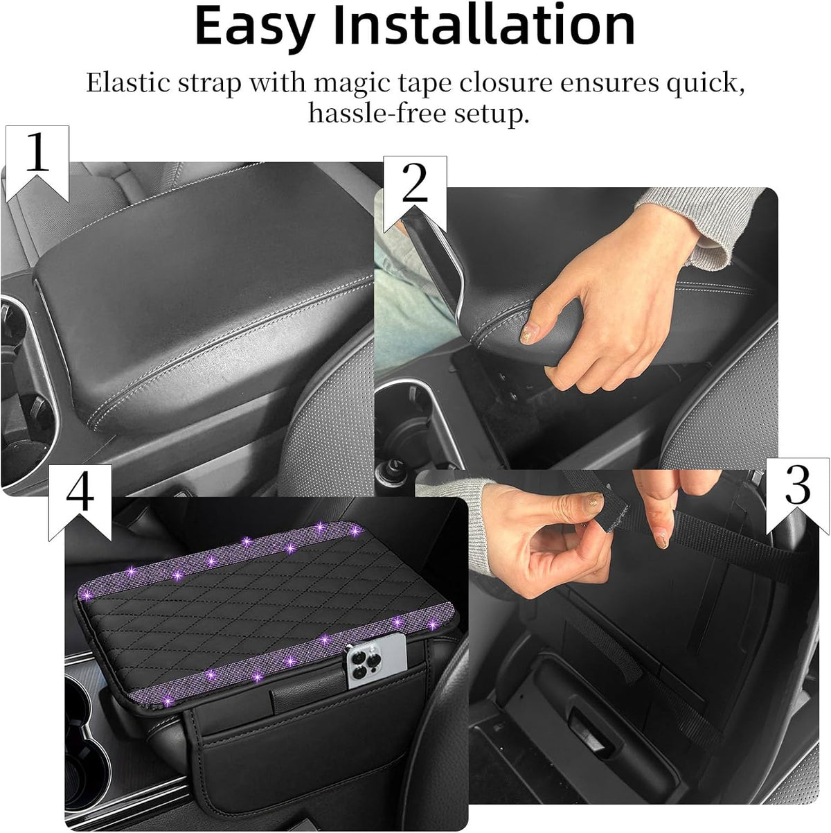 NBTEPEM Bling Car Center Console Cover, Leather Car Arm Rest Cover Cushion with 2 Storage Bags, Middle Console Cover Universal Armrest Protector Pads, Bling Accessories for Most Vehicles (Purple)