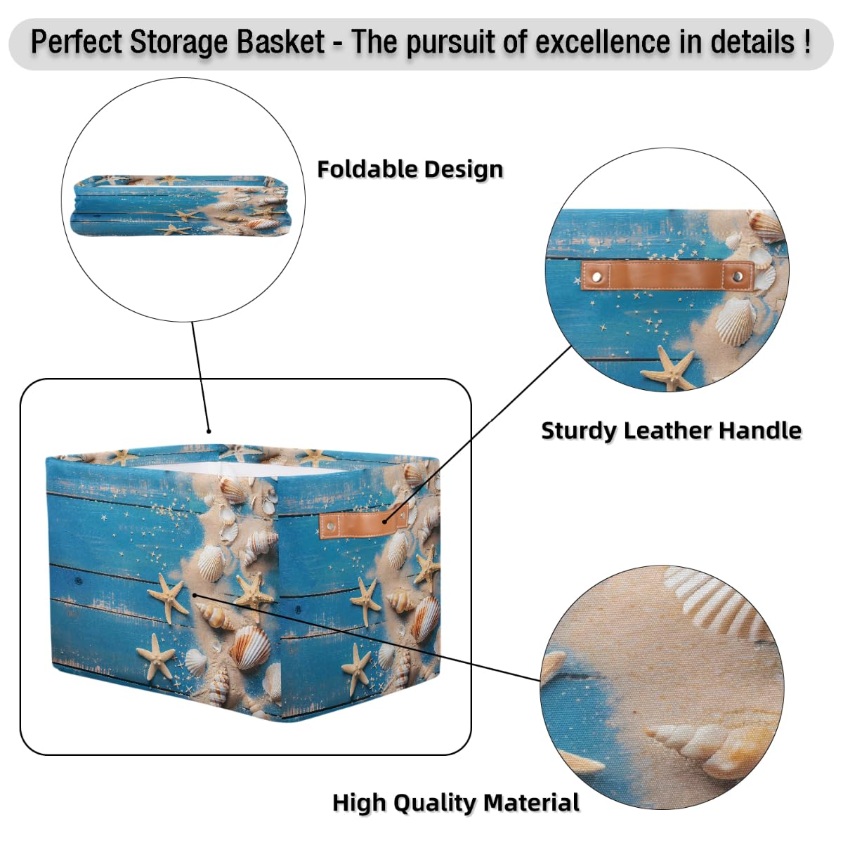 Blue Wooden Board Storage Baskets for Organizing, Fabric Collapsible Storage Bins Box Seashells Decorative Toy Organizer Baskets for Closet Shelves Gift Basket 1 Pc