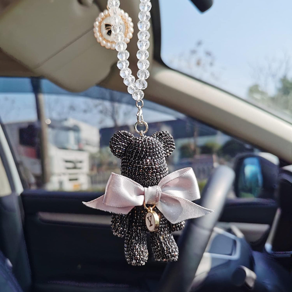 Cute Bling Bear Rear View Mirror Hanging Accessories Sparkle Hanging Ornaments Diamond Bear Charms for Car Mirror (White)