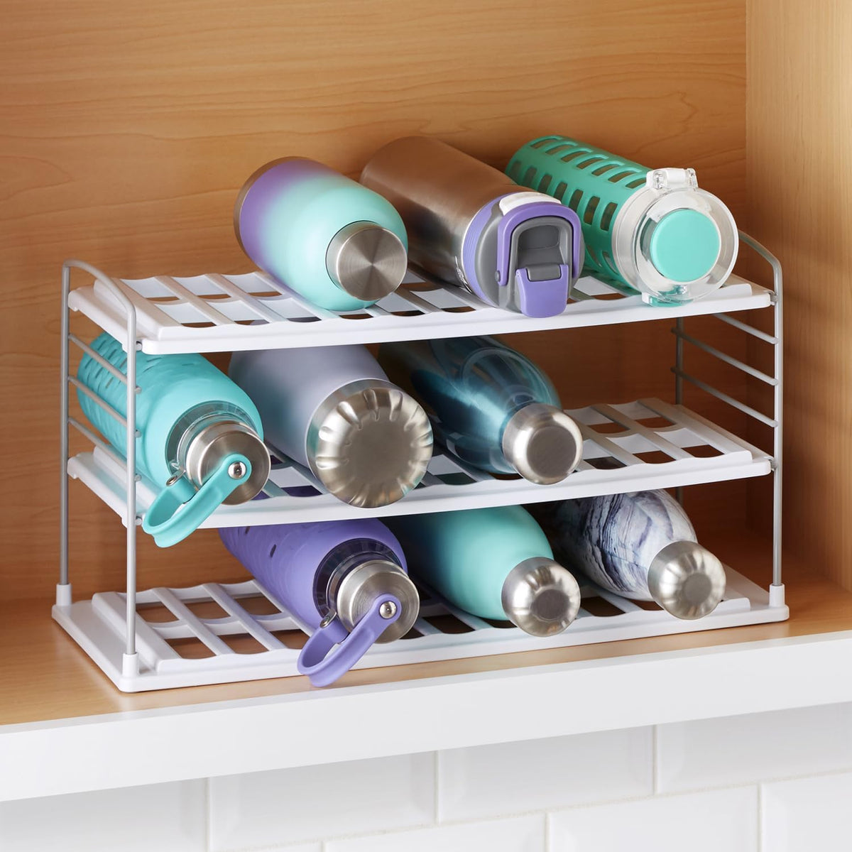 YouCopia UpSpace Water Bottle and Travel Mug Cabinet Organizer, Adjustable Storage Rack for Kitchen Organization, 3-Shelf Wide