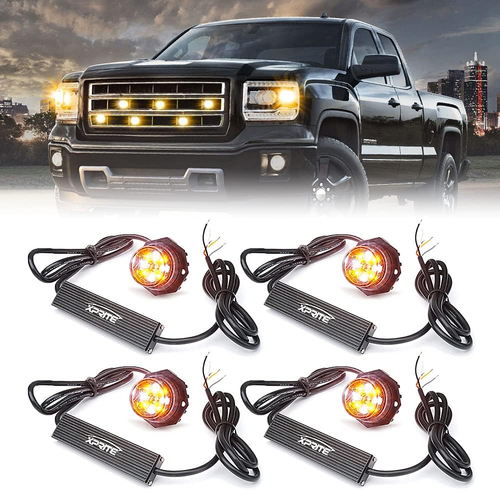 Xprite White LED Hideaway Strobe Lights Kit with 14 Flash Patterns, Surface Mount Headlight Taillight Grill Flashing Light for Construction Towing Snow Plow Pickup Work Trucks Cars - 4PCS