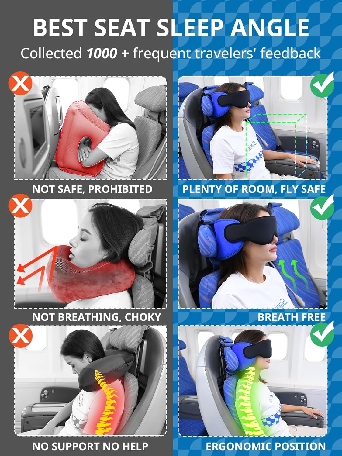 SARISUN Travel Pillows for Airplanes, Airplane Pillow for Long Flight, Airplane Head Strap with Eye Mask for Sleep, Travel Neck Pillow for Car Road Trip, 360° Support Headrest, Stop Bobblehead, Orange