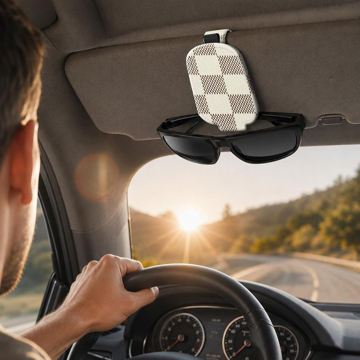 Sunglasses Holder for Car Visor, PU Leather Glasses Clip Organizer, Cute Magnetic Eyeglass Holder for Vehicle Sun Visor, Car Interior Accessory for Women & Men, Beige Check