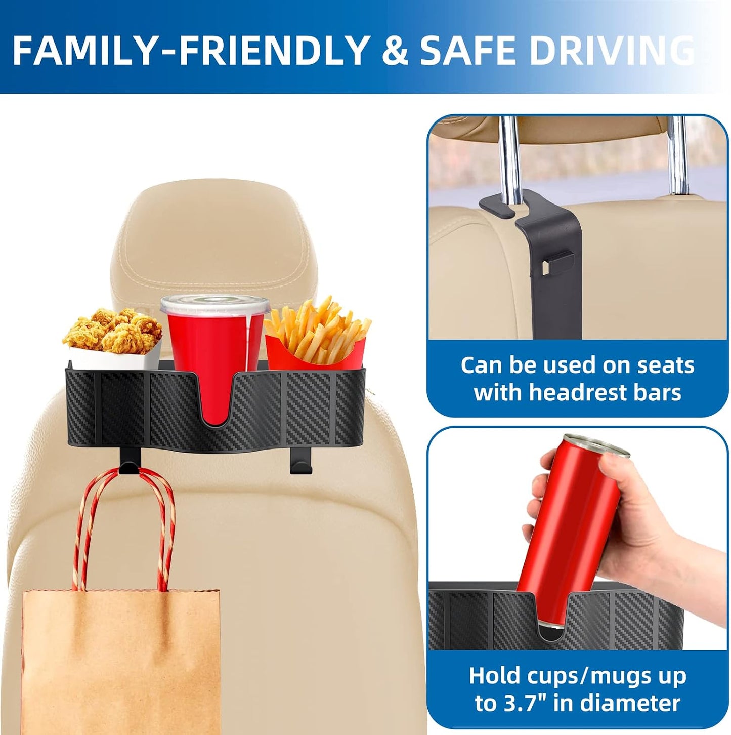 OUSHASAA 3-in-1 Car Headrest Organizer with 3.7" Cup Holder & Hooks-1PC | Backseat Cup Holder for Car, Multifunctional Car Travel Storage, Fits Most Cars & SUVs, Easy Installation