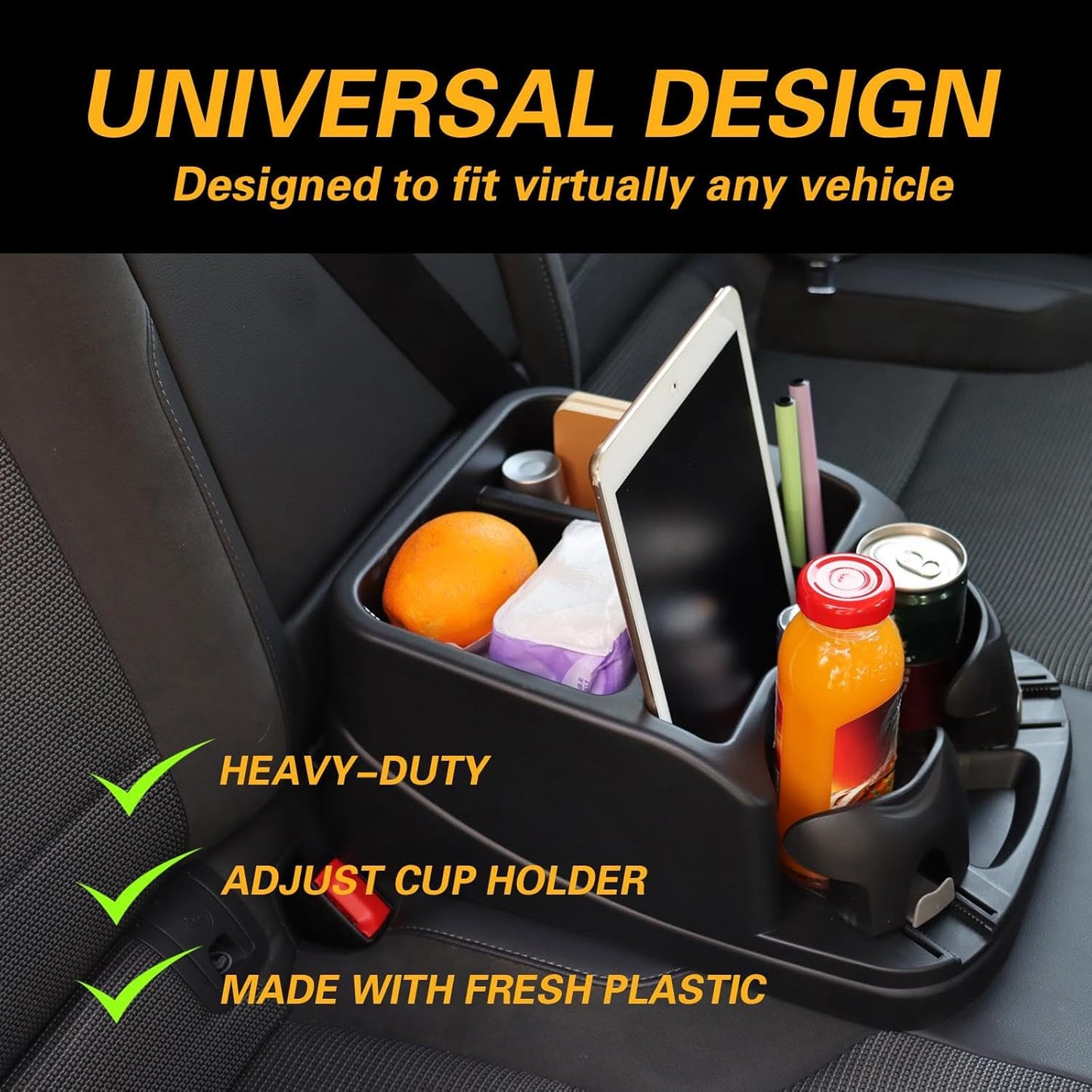Large Size Plastic Console for Cars, Trucks, Minivans, SUVs with 2 Adjustable Drink Cup Holders Phone Book Holder, Back Bench and Front Seat or Floor Middle Console Universal Vehicle Organizer Black