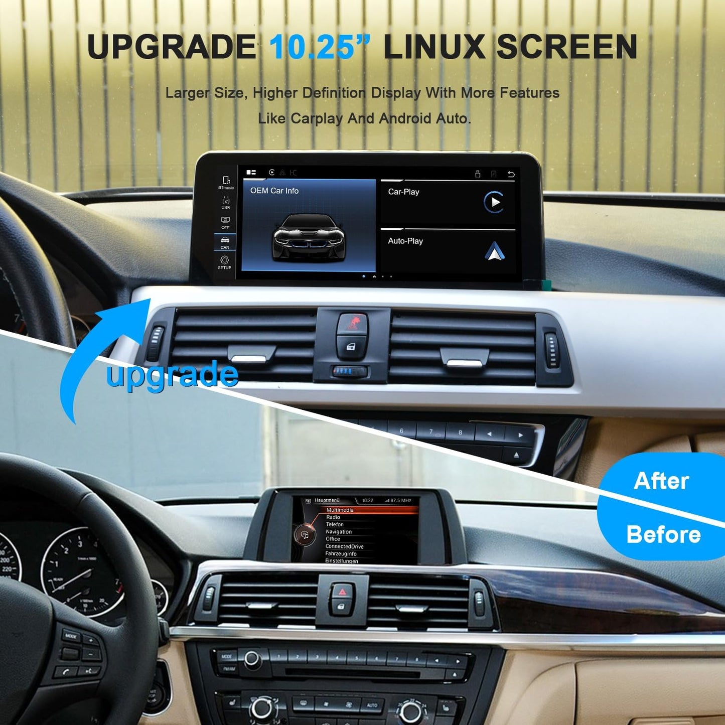 PEMP Linux Screen for BMW 2012-2017 F30 F31 F32 F33 F34 F35 F20 F21 F22 ID4 NBT CIC, Support iOS 26 Wired and Wireless CarPlay Retrofit Android Auto 328i 320i Accessories Radio