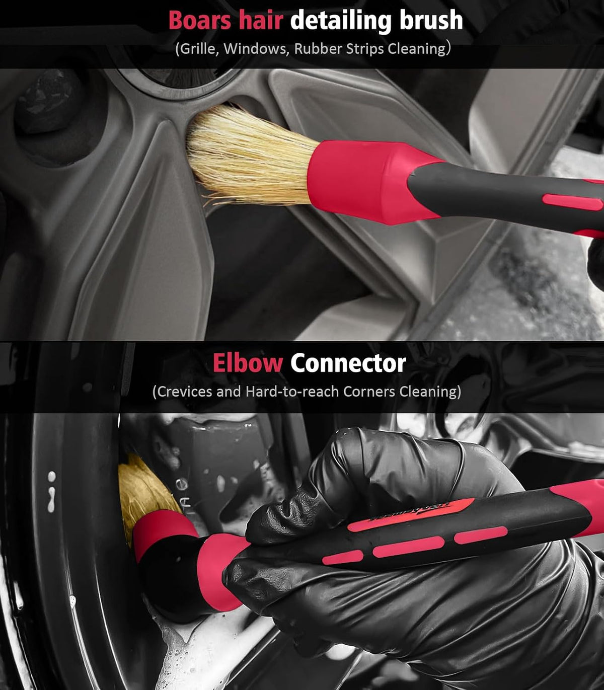 YeewayVeh 6PCS Motorcycle Cleaning Kit, Bendable Wheel Tire Brush,Black/Red