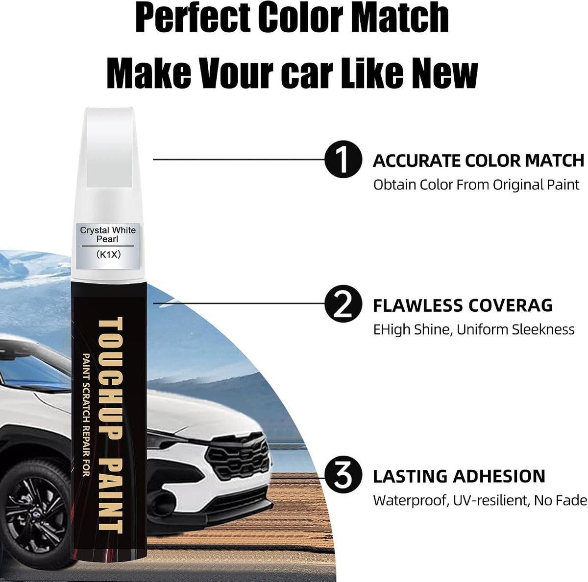 Crystal White Pearl(K1X) Car Paint Touch Up Pen Compatible with SUBARU, 2-In-1 Color Accurate Touch Up Car Scratch Repair Paint Match SUBARU Series Automotive Scratch Remover for Nicks & Chips Repair