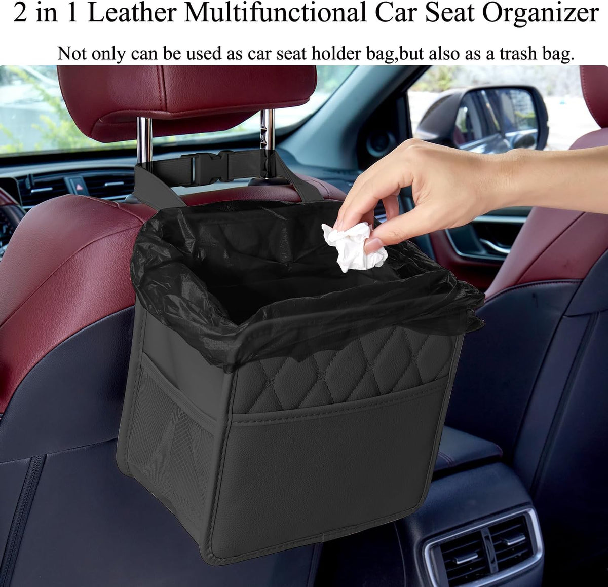 Car Seat Organizer, Backseat Car Organizer, Leather Waterproof Car Back Seat Organizer with Cup Holder Over the Car Seat & Headrest Organizer Backseat Hanging Car Seat Holder Bags