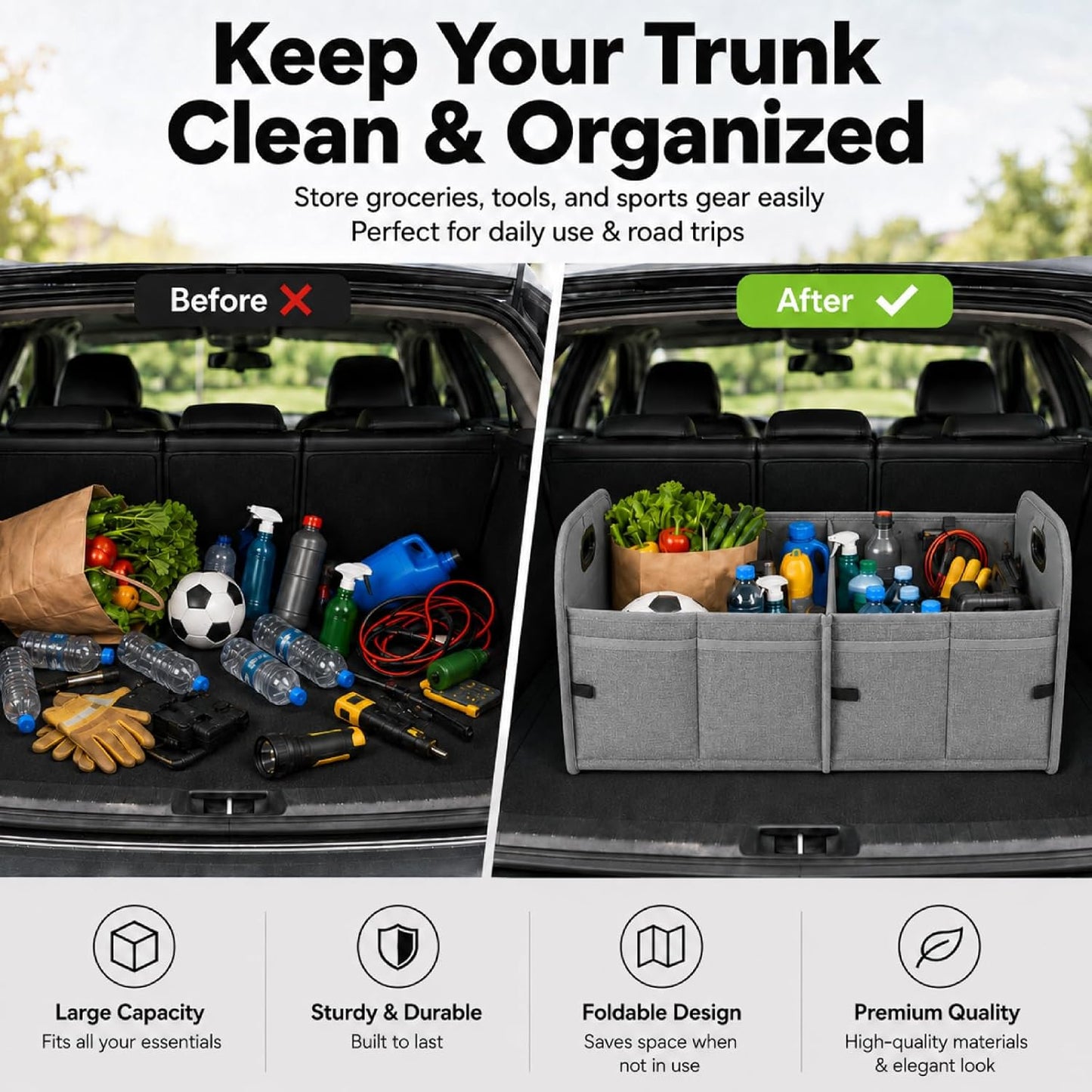 PAT SAM'S Trunk Organizer for SUV, Collapsible Car Trunk Organizer with Dividers, Waterproof 600D Oxford, Non-Slip Storage Organizer for Groceries, Tools, Travel, Truck & Car (Grey)