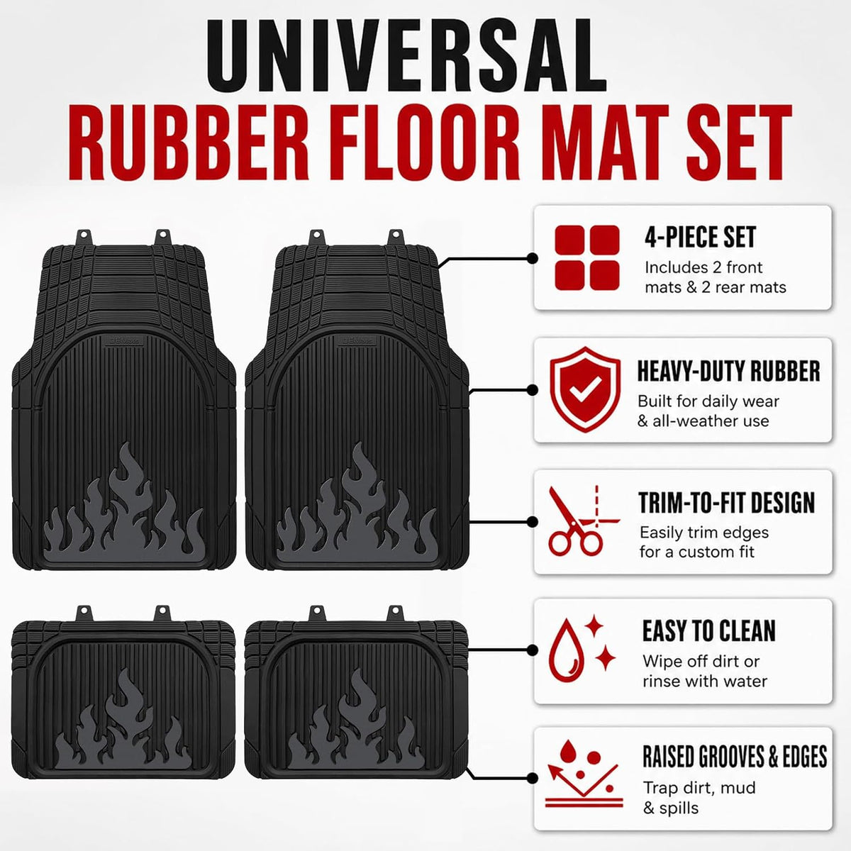 Heavy Duty Rubber Car Mats Flame Design (Graphite Gray), 4-Piece Deep Waterproof Floor Mats Set (Front & Rear Full Set), All Weather Universal Trim to Fit Automotive SUV Sedan Truck