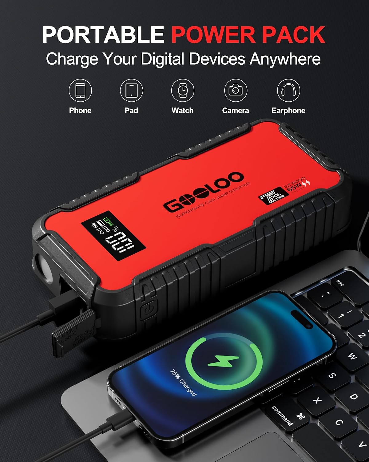 GOOLOO GT3000 Jump Starter - 12V 3000A Battery Jumper Starter Portable