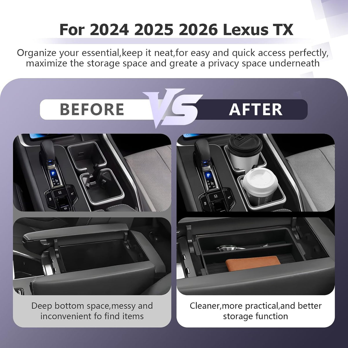 LUWU 2025 2026 Lexus TX Accessories Compatible with 2024-2026 Lexus TX350/TX500/TX550 Center Console Organizer Armrest Console Organizer & Front Center Console Cup Holder Mat 3-Pack