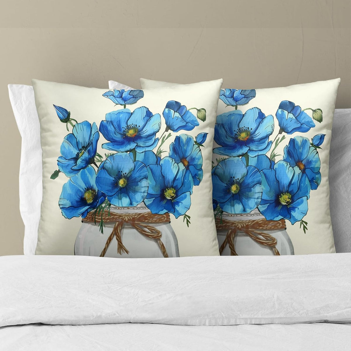 Blue Poppy Throw Pillow Covers 18x18 Inch Set of 2 Watercolor Summer Flower Mason Jar Decorative Pillow Cushion Cases for Sofa Couch Living Room Housewarming Party Decor