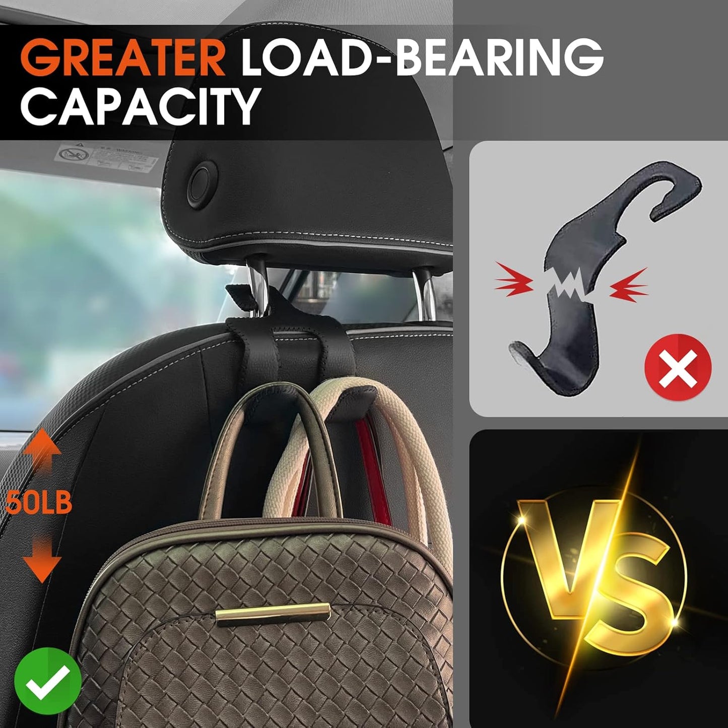 2 in 1 Car Headrest Hooks for Purses and Bags, Upgraded Leather Organizer Storage Holder Hooks Matching Cars Interior, 1-Pack, Gray