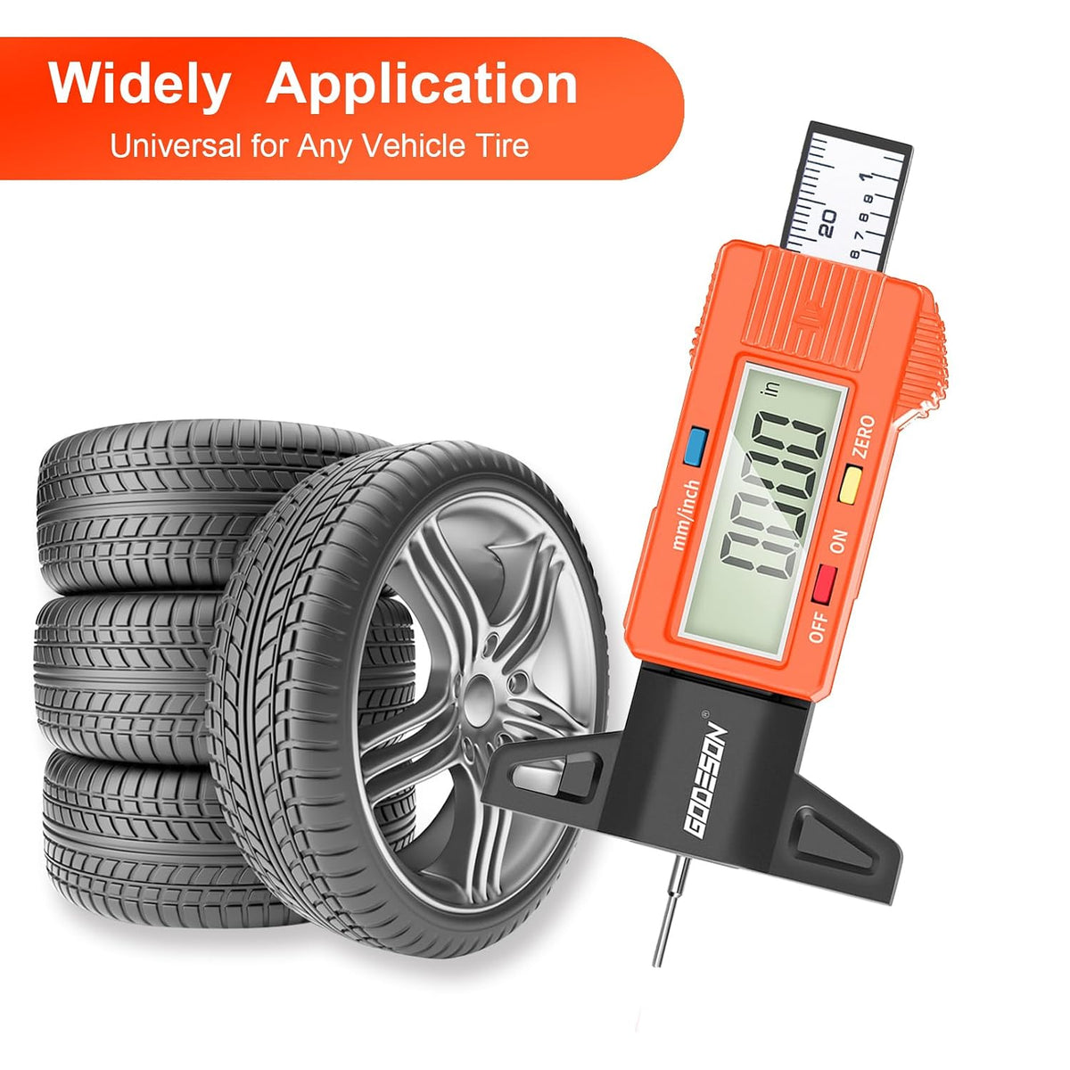 GODESON Tire Tread Depth Gauge - Large LCD Display/Zero Reset,1 Inch/25.4 mm Digital Tire Depth Gauge,Orange Tread Depth Gauge Fit for Trucks, Cars, Motorcycles
