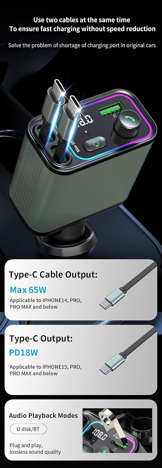 3 in 1 Retractable Car Charger Adapter & FM Transmitter