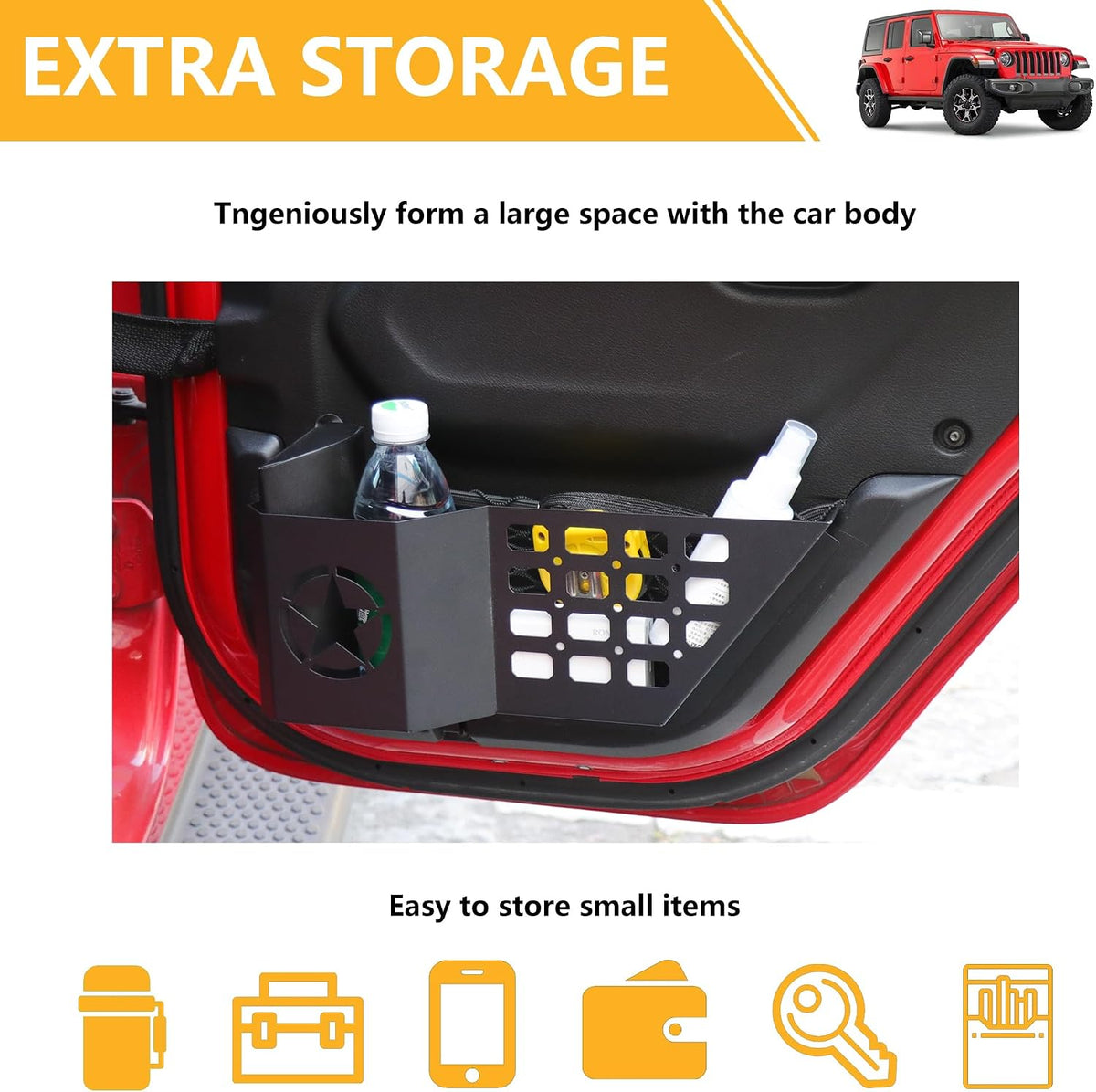 Rear Door Storage Pockets Side Insert Organizer Box Compatible with 2018-2024 2025 Jeep Wrangler JL 4 Door 4XE Gladiator JT Interior Accessories Cup Holder Expansion Tray 1Pair Metal Black Star
