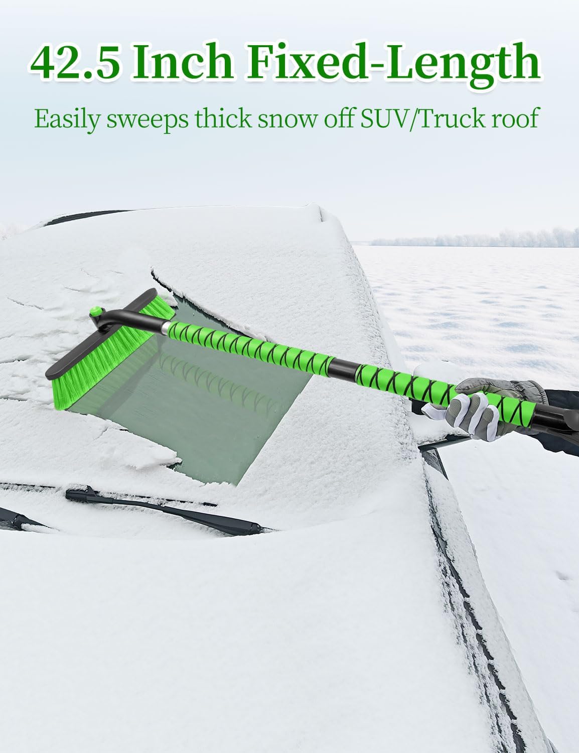 HEEYA 42.5 Inch Car Scraper Snow Brush, 12.6 Inch Large Brush Head with Ice Scraper for Window Windshield, Portable Snow Scraper for SUV Truck Vehicle RV Auto - Green